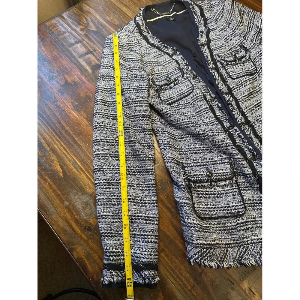 WHBM White House Black Market Blue Tweed Fringe Blazer Women Sz 10 Office‎ Siren
